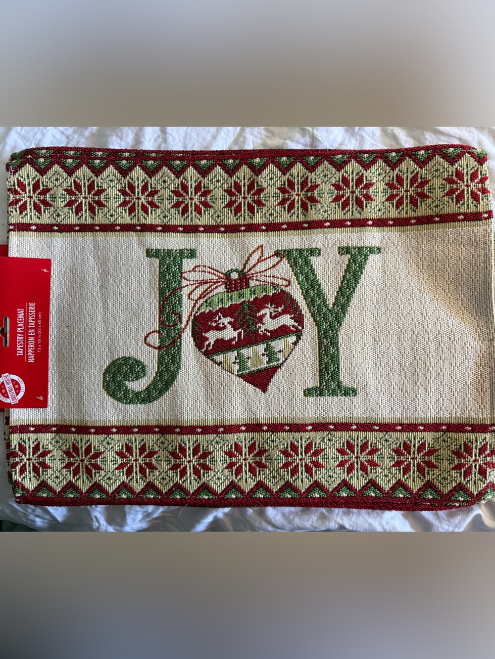 JOY Holiday Decorative Tapestry Placemat - Red & Green
